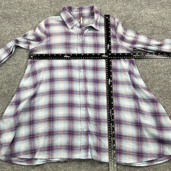Free People Shirt Womens 0 Blue Purple Plaid Button Down 100% Cotton Lightweight - Picture 6 of 12